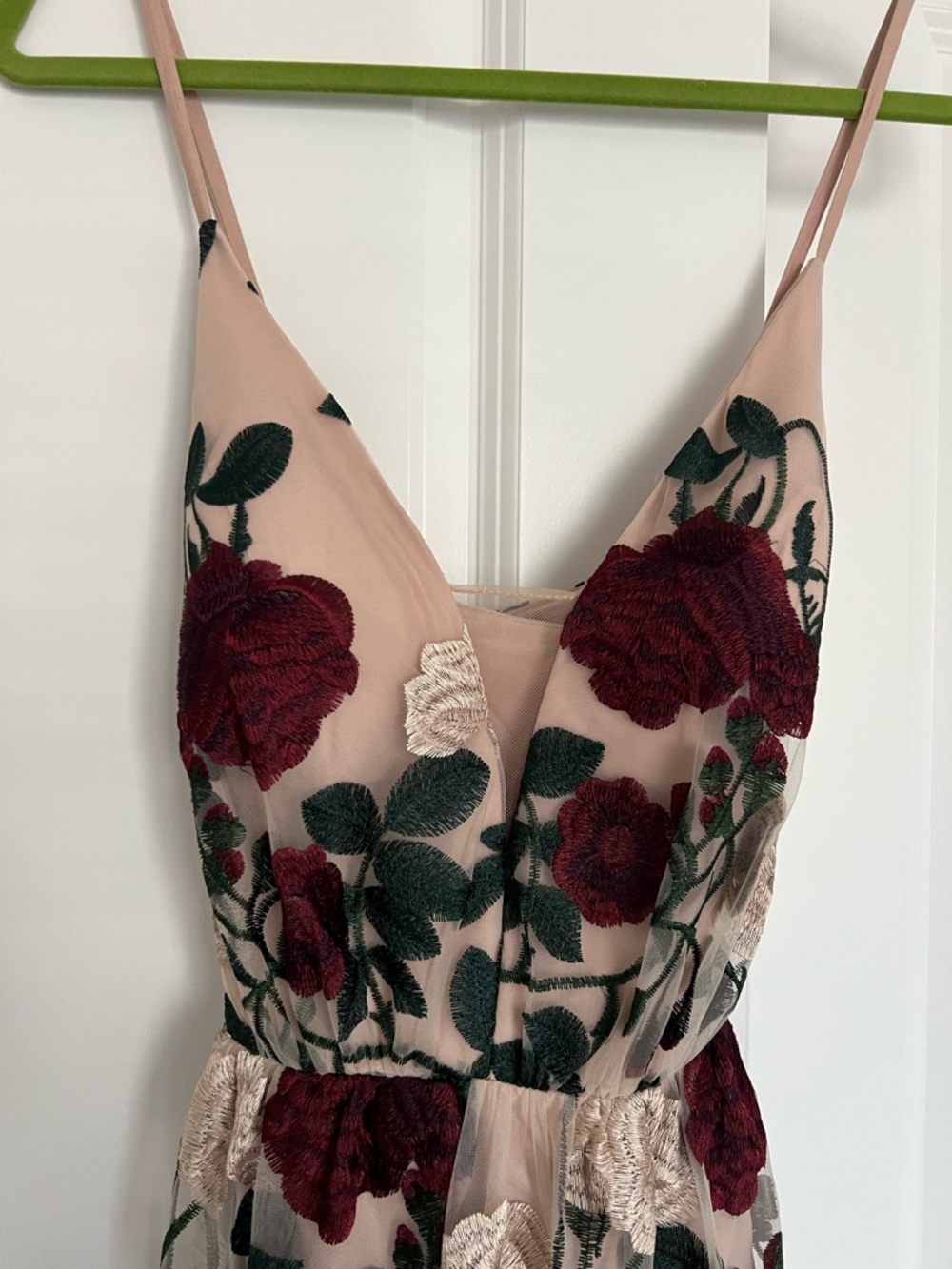 Blush Floral Embroidered Maxi Dress with Burgundy Roses - Picture 2 of 5